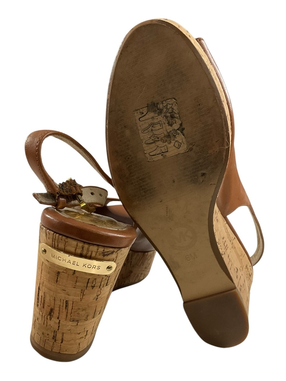 MICHAEL Michael Kors Brown Leather Cork Wedge Slingback Peep-Toe Sandals - Picture 8 of 9